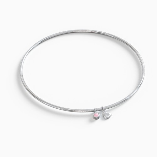 Classic Bangle Bracelet with Engravable Puffed Heart and Gemstone Charm