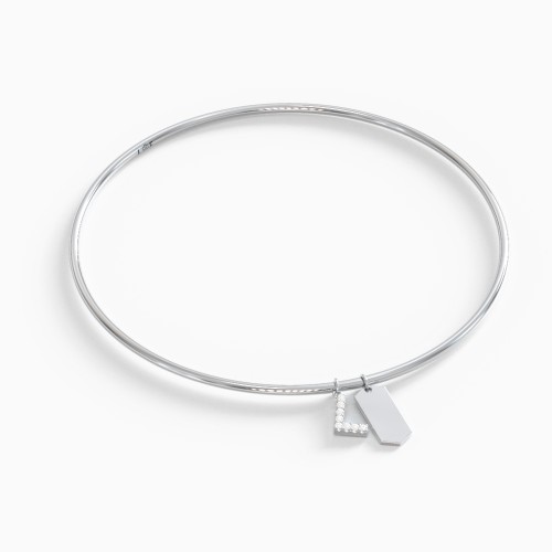 Classic Bangle with Pavé Initial and Engravable Tag Charms - L