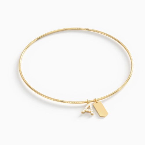 Dainty Bangle with Pavé Initial and Engravable Tag Charms - A