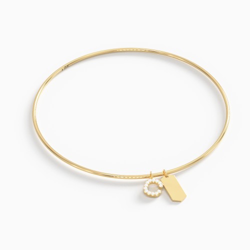 Dainty Bangle with Pavé Initial and Engravable Tag Charms - C
