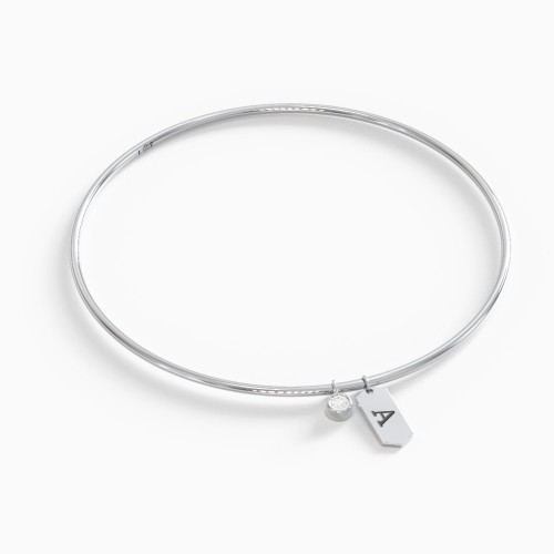 Classic Bangle with Bezel Gemstone & Engravable Tag Charms