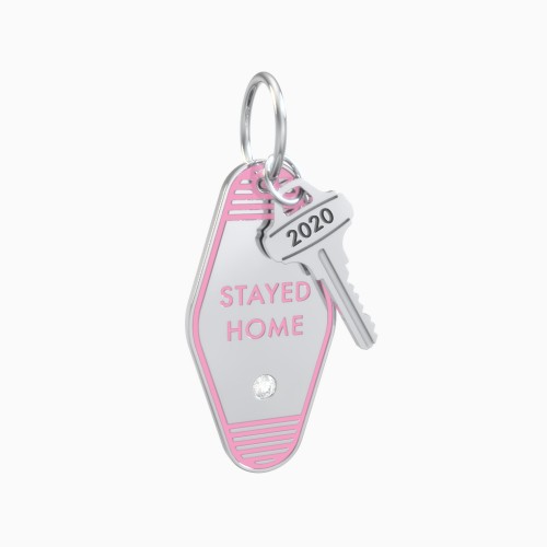 Stayed Home Engravable Retro Keychain Charm with Accent - Pink