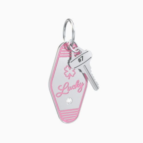 Lucky Engravable Retro Keychain Charm with Accent - Pink