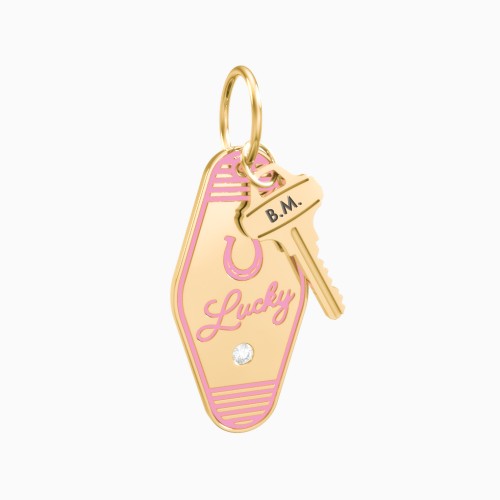 Lucky Horseshoe Engravable Retro Keychain Charm with Accent - Pink