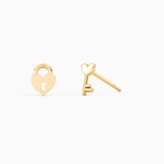Mini Heart Shaped Lock and Key Stud Earrings