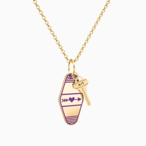 Heart With Arrow Engravable Retro Keychain Charm Necklace - Purple