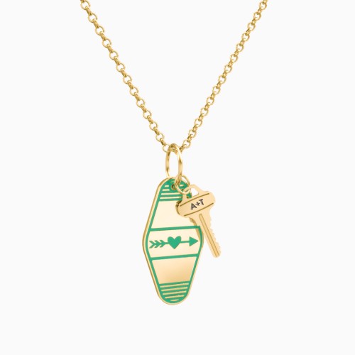 Heart With Arrow Engravable Retro Keychain Charm Necklace - Green