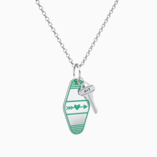 Heart With Arrow Engravable Retro Keychain Charm Necklace - Green
