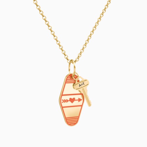 Heart With Arrow Engravable Retro Keychain Charm Necklace - Orange