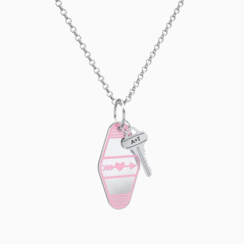 Heart With Arrow Engravable Retro Keychain Charm Necklace - Pink