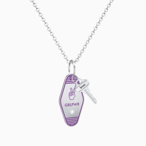 Girl Power Engravable Retro Keychain Charm Necklace with Accent - Purple