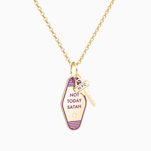 Not Today Satan Engravable Retro Keychain Charm Necklace with Accent - Purple