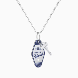 Life Is A Beach Engravable Retro Keychain Charm Necklace with Accent- Blue