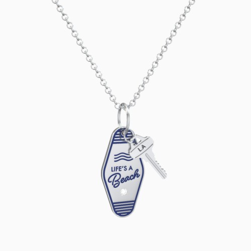 Life Is A Beach Engravable Retro Keychain Charm Necklace with Accent- Blue