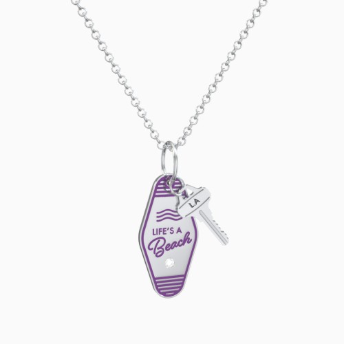 Life Is A Beach Engravable Retro Keychain Charm Necklace with Accent - Purple