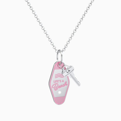 Life Is A Beach Engravable Retro Keychain Charm Necklace with Accent - Pink