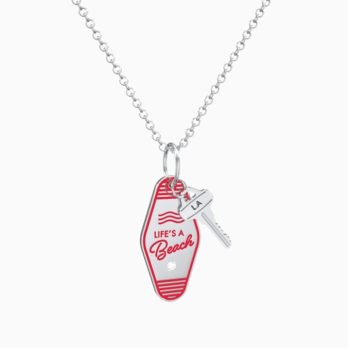 Life Is A Beach Engravable Retro Keychain Charm Necklace with Accent - Red