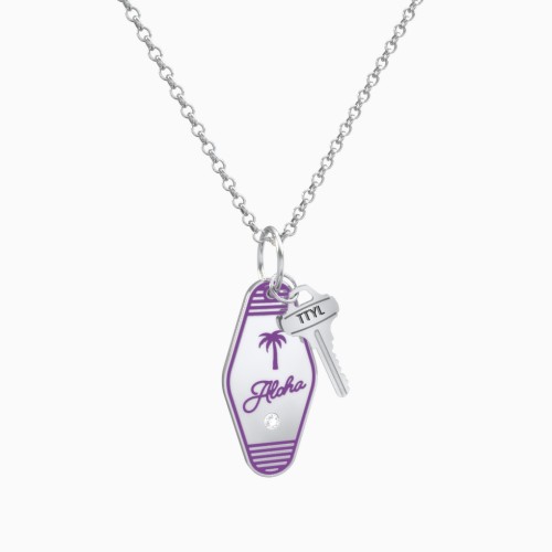 Aloha Engravable Retro Keychain Charm Necklace with Accent - Purple