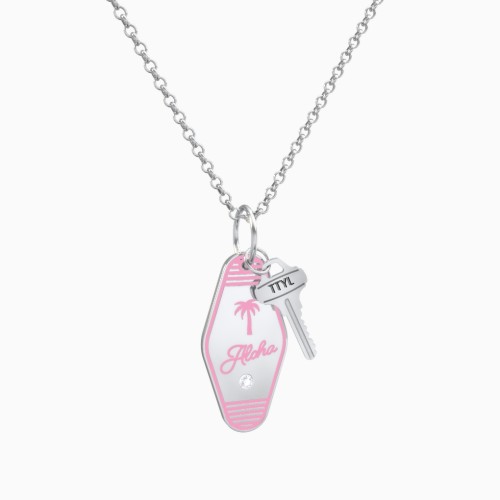 Aloha Engravable Retro Keychain Charm Necklace with Accent - Pink
