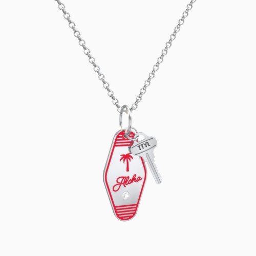 Aloha Engravable Retro Keychain Charm Necklace with Accent - Red