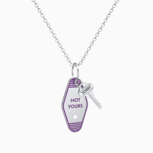 Not Yours Engravable Retro Keychain Charm Necklace with Accent - Dark Purple