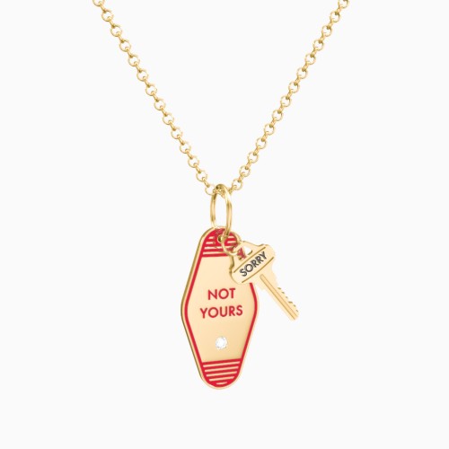 Not Yours Engravable Retro Keychain Charm Necklace with Accent - Red