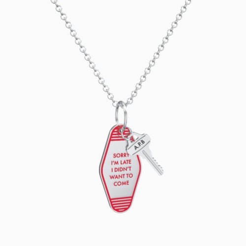 Sorry I'm Late Engravable Retro Keychain Charm Necklace - Red