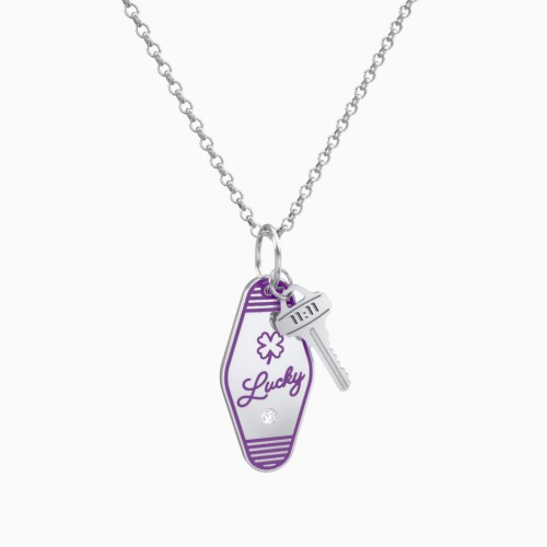 Lucky Engravable Retro Keychain Charm Necklace with Accent - Purple