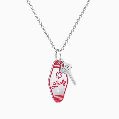 Lucky Engravable Retro Keychain Charm Necklace with Accent - Red