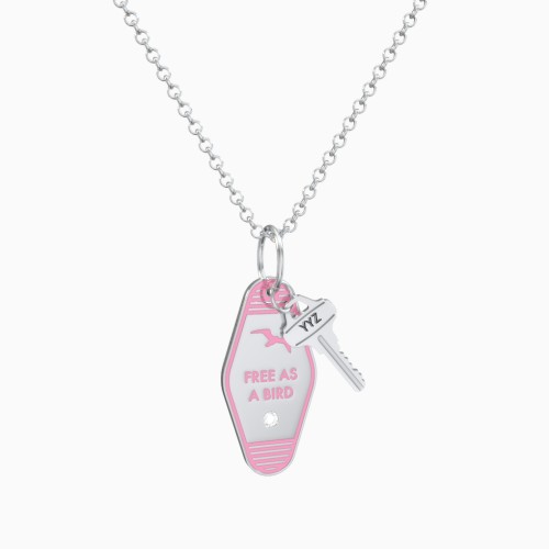 Free As A Bird Engravable Retro Keychain Charm Necklace with Accent - Pink