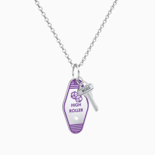 High Roller Engravable Retro Keychain Charm Necklace with Accent - Purple