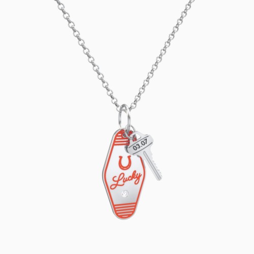Lucky Horseshoe Engravable Retro Keychain Charm Necklace with Accent - Orange