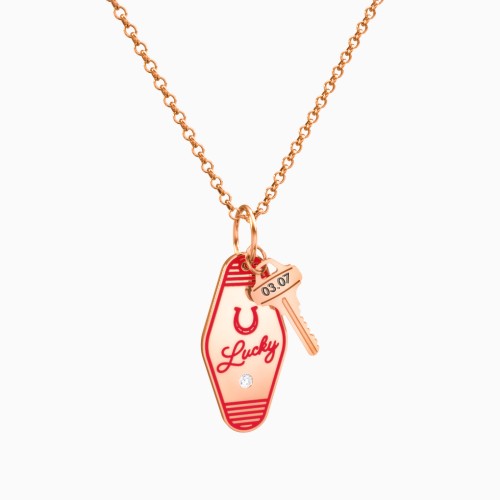 Lucky Horseshoe Engravable Retro Keychain Charm Necklace with Accent - Red
