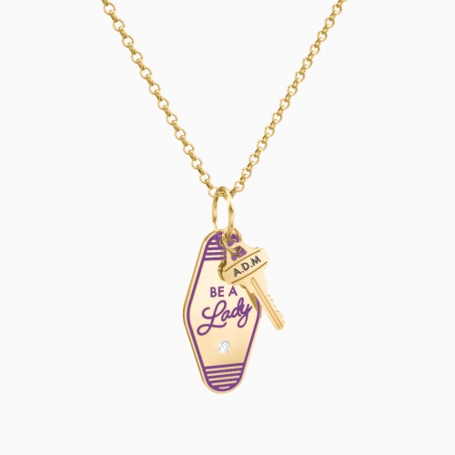 Be A Lady Engravable Retro Keychain Charm Necklace with Accent - Purple