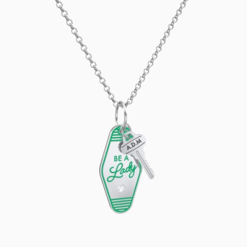 Be A Lady Engravable Retro Keychain Charm Necklace with Accent - Green