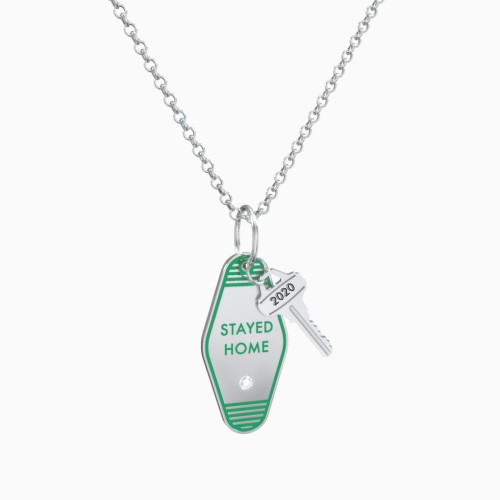 Stayed Home Engravable Retro Keychain Charm Necklace with Accent - Green