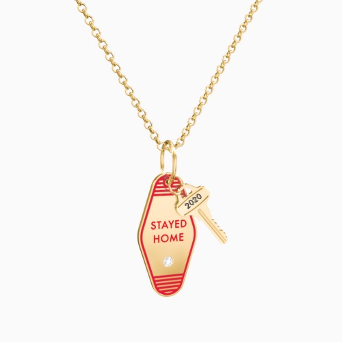 Stayed Home Engravable Retro Keychain Charm Necklace with Accent - Red