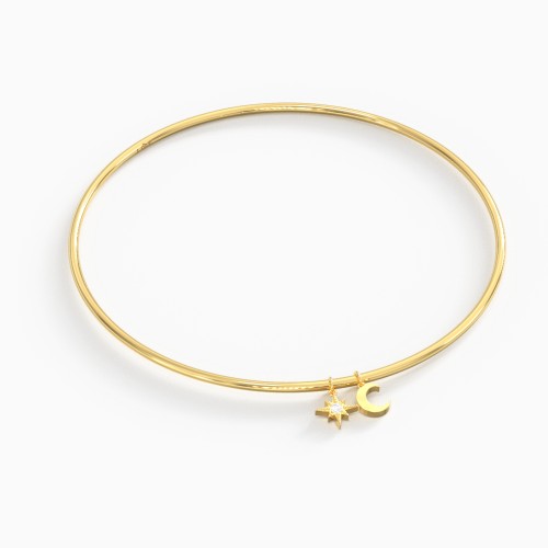 Classic Bangle Bracelet with Moon and Star Charm