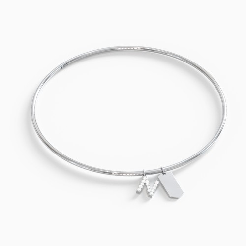 Classic Bangle with Pavé Initial and Engravable Tag Charms - N