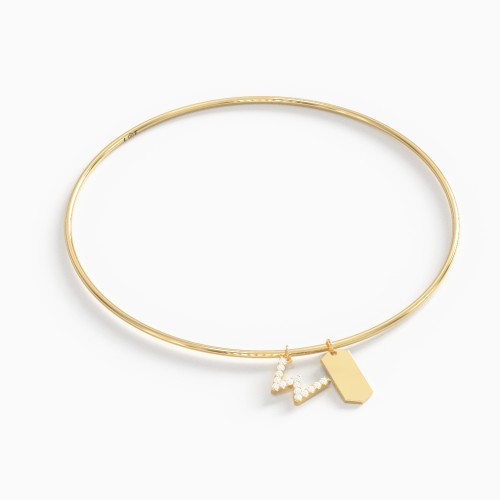Dainty Bangle with Pavé Initial and Engravable Tag Charms - W