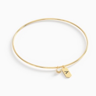 Dainty Bangle with Bezel Gemstone & Engravable Tag Charms