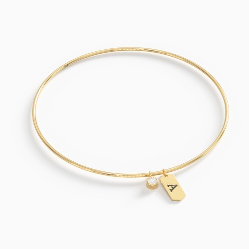 Dainty Bangle with Bezel Gemstone & Engravable Tag Charms