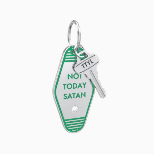 Not Today Satan Engravable Retro Keychain Charm with Accent - Green