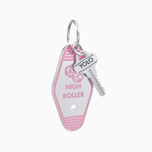 High Roller Engravable Retro Keychain Charm with Accent - Pink