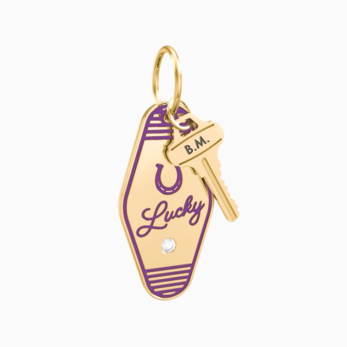 Lucky Horseshoe Engravable Retro Keychain Charm with Accent - Purple