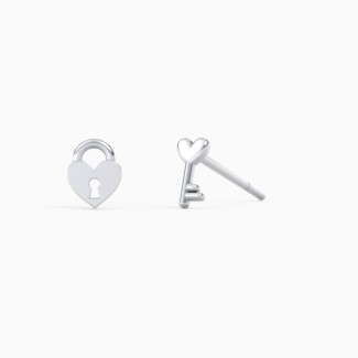 Sterling Silver Mini Heart Shaped Lock and Key Stud Earrings