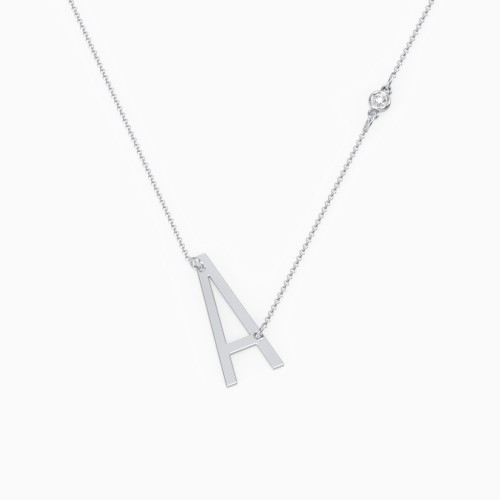Asymmetrical Initial Necklace with Bezel Set Gemstone
