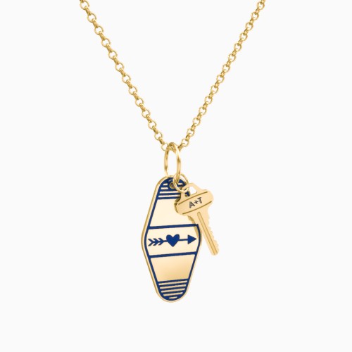 Heart With Arrow Engravable Retro Keychain Charm Necklace - Blue