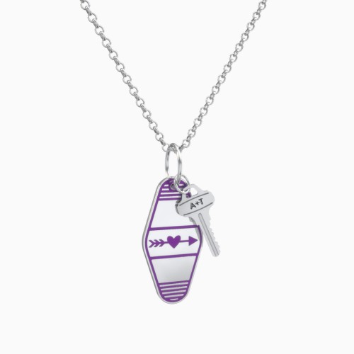 Heart With Arrow Engravable Retro Keychain Charm Necklace - Purple