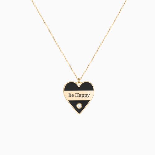 Engravable Heart Necklace with Black Cold Enamel and Gemstone